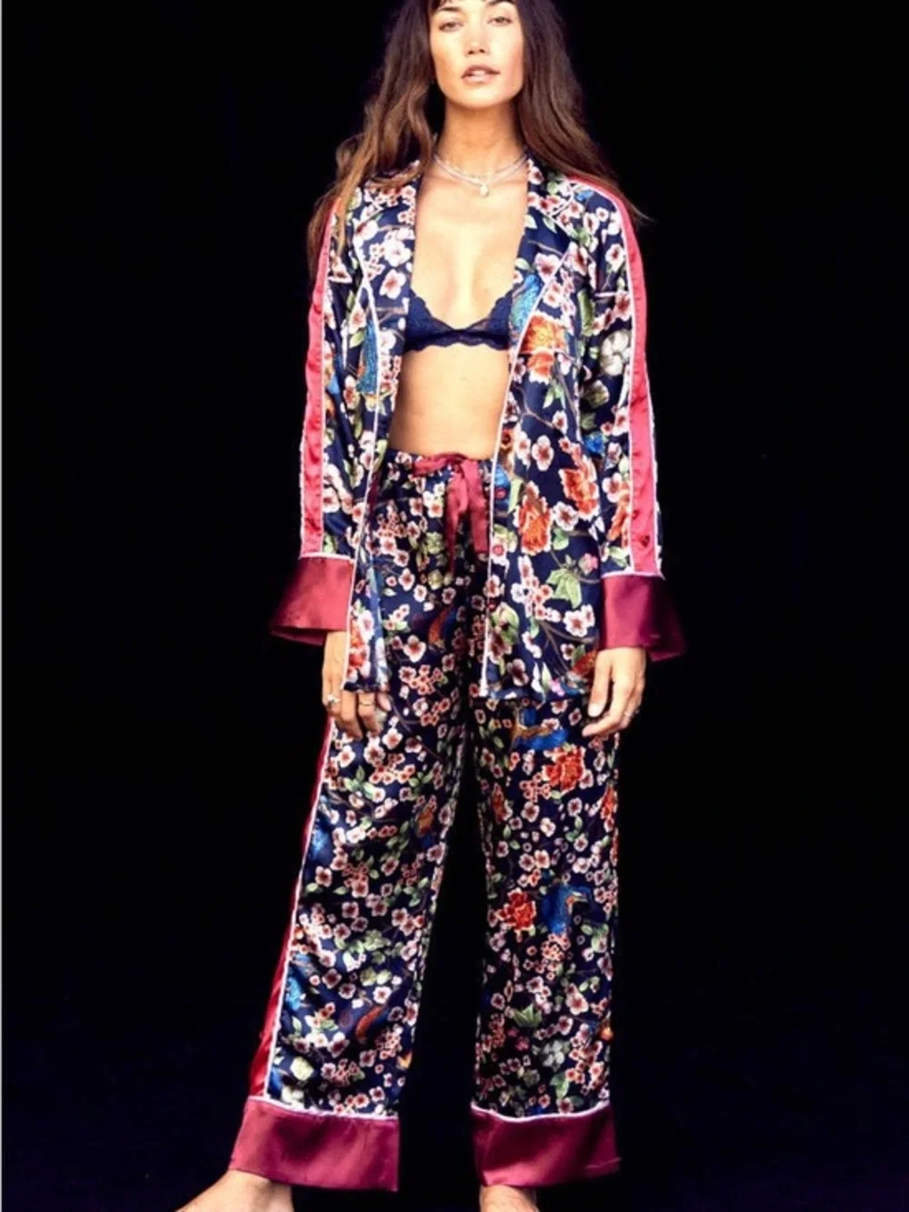 Free People x We are Hah Floral Navy and Pink Pajama Set